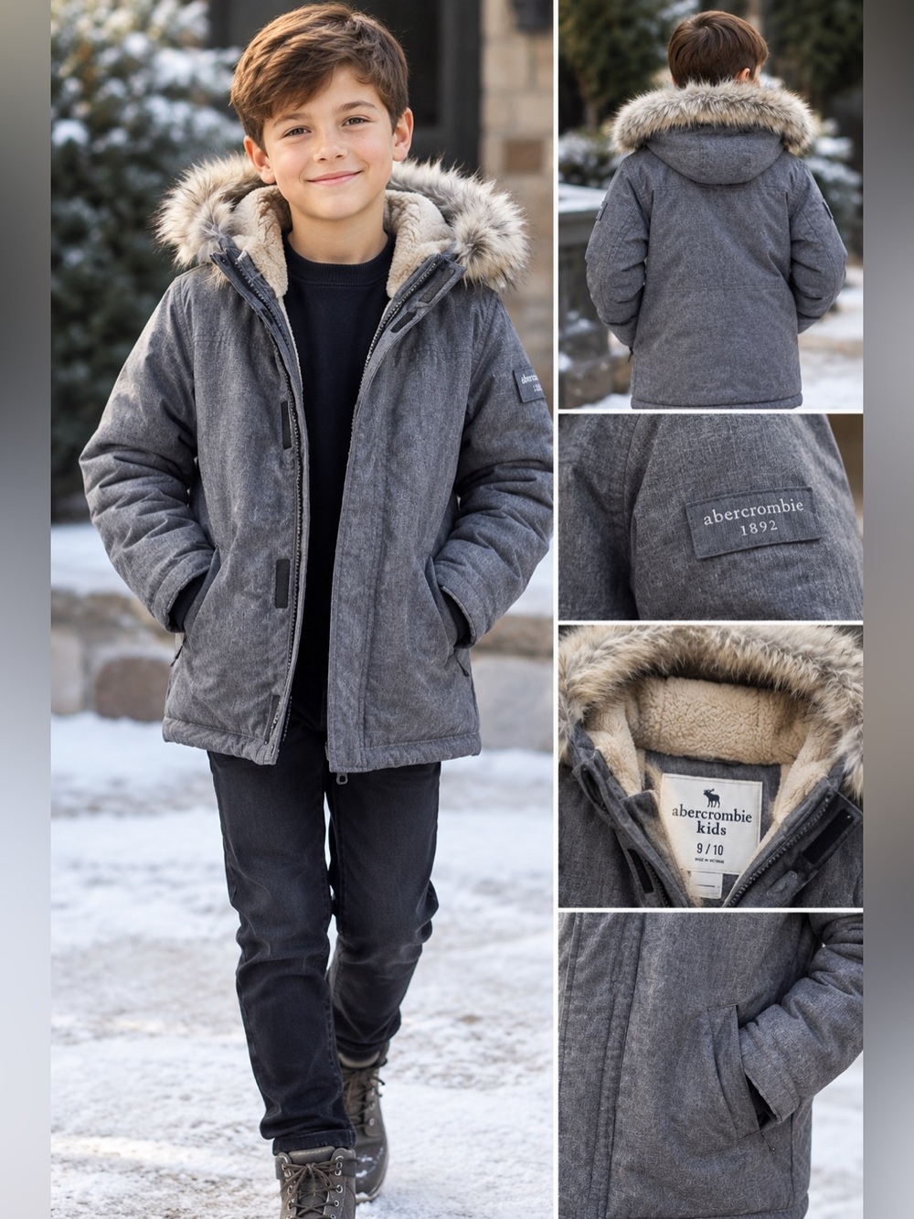 Abercrombie Kids Boys  Gray Faux-Fur Lined Parka — Size 9/10 NWT